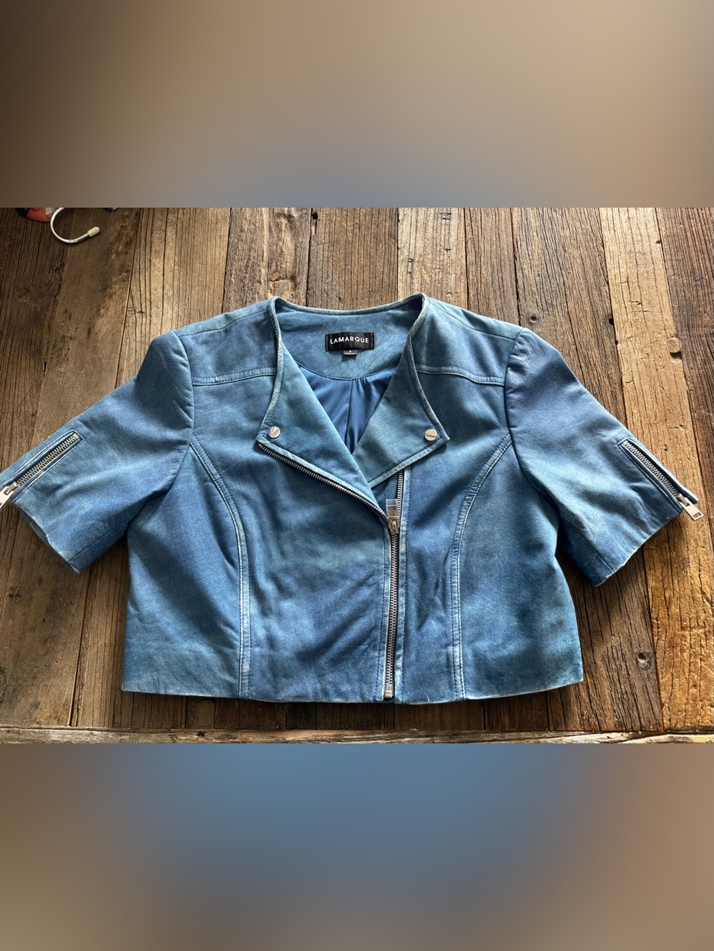 LAMARQUE KIRSI BLUE LEATHER CROPPED JACKET - Picture 7 of 12